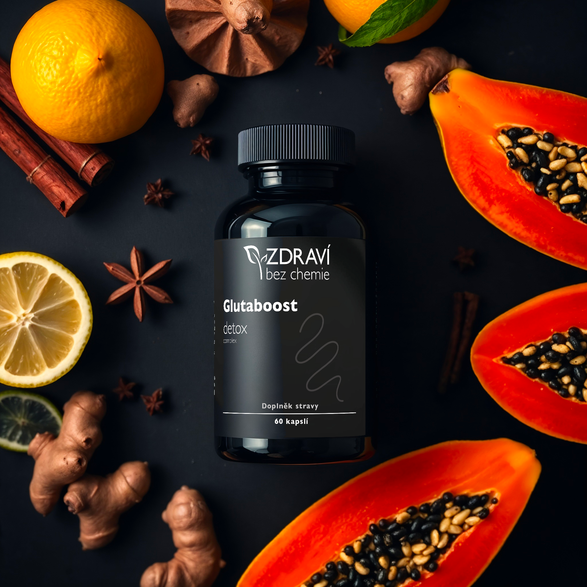 Gluta boost A luxury black supplement bottle surrounded by cinnamon, lemon, ginger, licorice, and papaya, in intense jet black, with overhead bird’s eye view, top-down perspective, and deep shadows
